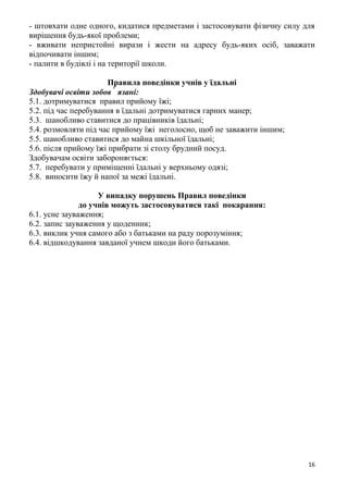 16
- штовхати одне одного, кидатися предметами і застосовувати фізичну силу для
вирішення будь-якої проблеми;
- вживати непристойні вирази і жести на адресу будь-яких осіб, заважати
відпочивати іншим;
- палити в будівлі і на території школи.
Правила поведінки учнів у їдальні
Здобувачі освіти зобов՚ язані:
5.1. дотримуватися правил прийому їжі;
5.2. під час перебування в їдальні дотримуватися гарних манер;
5.3. шанобливо ставитися до працівників їдальні;
5.4. розмовляти під час прийому їжі неголосно, щоб не заважити іншим;
5.5. шанобливо ставитися до майна шкільної їдальні;
5.6. після прийому їжі прибрати зі столу брудний посуд.
Здобувачам освіти забороняється:
5.7. перебувати у приміщенні їдальні у верхньому одязі;
5.8. виносити їжу й напої за межі їдальні.
У випадку порушень Правил поведінки
до учнів можуть застосовуватися такі покарання:
6.1. усне зауваження;
6.2. запис зауваження у щоденник;
6.3. виклик учня самого або з батьками на раду порозуміння;
6.4. відшкодування завданої учнем шкоди його батьками.
 