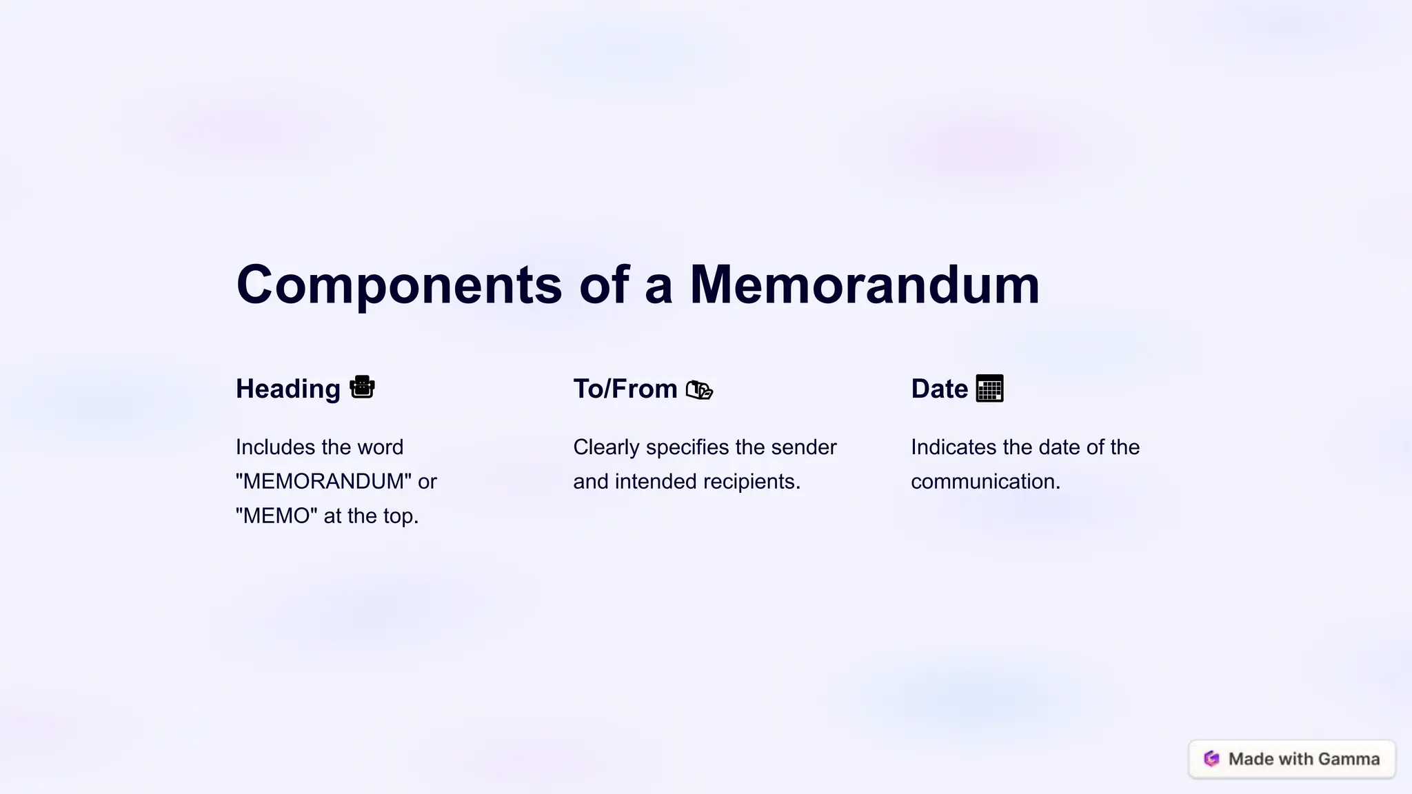 Components of a Memorandum
Heading 📇
Includes the word
"MEMORANDUM" or
"MEMO" at the top.
To/From 📬
Clearly specifies the sender
and intended recipients.
Date 📅
Indicates the date of the
communication.
 