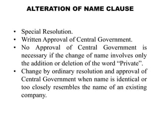 • Special Resolution.
• Written Approval of Central Government.
• No Approval of Central Government is
necessary if the change of name involves only
the addition or deletion of the word “Private”.
• Change by ordinary resolution and approval of
Central Government when name is identical or
too closely resembles the name of an existing
company.
ALTERATION OF NAME CLAUSE
11
 