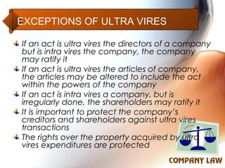 EXCEPTIONS OF ULTRA VIRES

If an act is ultra vires the directors of a company
but is intra vires the company, the company
may ratify it
If an act is ultra vires the articles of company,
the articles may be altered to include the act
within the powers of the company
If an act is intra vires a company, but is
irregularly done, the shareholders may ratify it
It is important to protect the company’s
creditors and shareholders against ultra vires
transactions
The rights over the property acquired by ultra
vires expenditures are protected
 