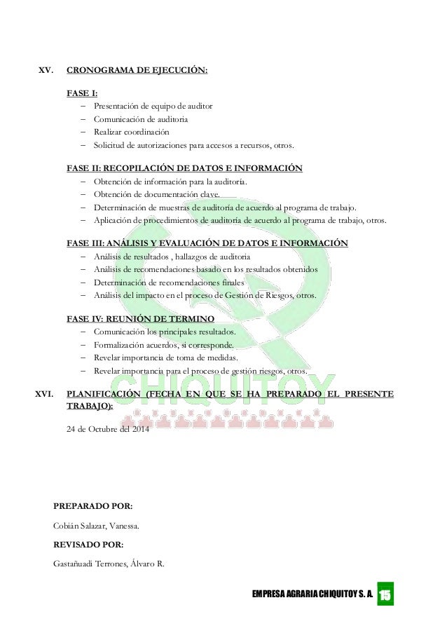 Memorandum de Planificación, Cuestionario de Control 