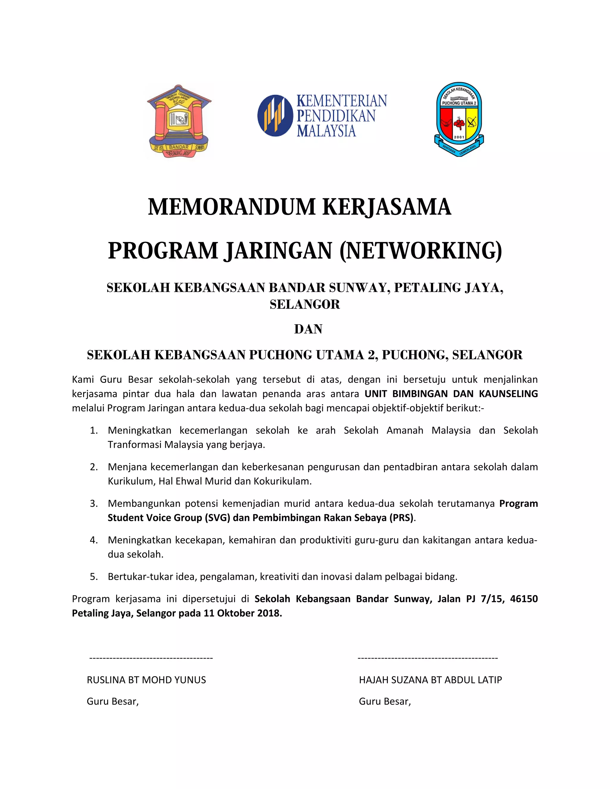MEMORANDUM KERJASAMA
PROGRAM JARINGAN (NETWORKING)
SEKOLAH KEBANGSAAN BANDAR SUNWAY, PETALING JAYA,
SELANGOR
DAN
SEKOLAH KEBANGSAAN PUCHONG UTAMA 2, PUCHONG, SELANGOR
Kami Guru Besar sekolah-sekolah yang tersebut di atas, dengan ini bersetuju untuk menjalinkan
kerjasama pintar dua hala dan lawatan penanda aras antara UNIT BIMBINGAN DAN KAUNSELING
melalui Program Jaringan antara kedua-dua sekolah bagi mencapai objektif-objektif berikut:-
1. Meningkatkan kecemerlangan sekolah ke arah Sekolah Amanah Malaysia dan Sekolah
Tranformasi Malaysia yang berjaya.
2. Menjana kecemerlangan dan keberkesanan pengurusan dan pentadbiran antara sekolah dalam
Kurikulum, Hal Ehwal Murid dan Kokurikulam.
3. Membangunkan potensi kemenjadian murid antara kedua-dua sekolah terutamanya Program
Student Voice Group (SVG) dan Pembimbingan Rakan Sebaya (PRS).
4. Meningkatkan kecekapan, kemahiran dan produktiviti guru-guru dan kakitangan antara kedua-
dua sekolah.
5. Bertukar-tukar idea, pengalaman, kreativiti dan inovasi dalam pelbagai bidang.
Program kerjasama ini dipersetujui di Sekolah Kebangsaan Bandar Sunway, Jalan PJ 7/15, 46150
Petaling Jaya, Selangor pada 11 Oktober 2018.
------------------------------------- ------------------------------------------
RUSLINA BT MOHD YUNUS HAJAH SUZANA BT ABDUL LATIP
Guru Besar, Guru Besar,
 