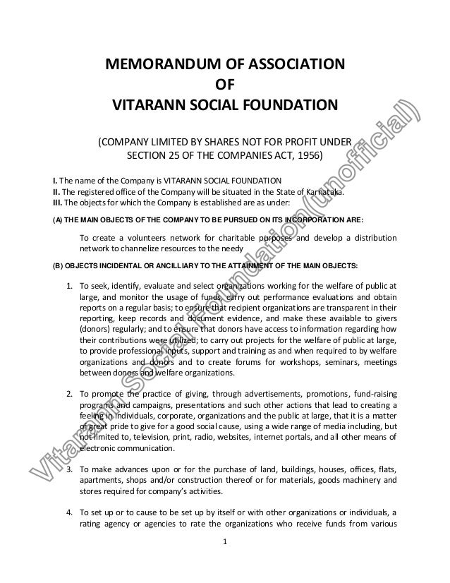 Vitarann Social Foundation Memorandum Of Association