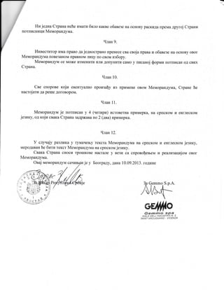 Memorandum o razumevanju sa kompanijom Gemmo