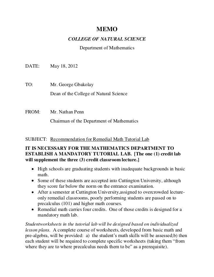 Memo remedial math lab proposal