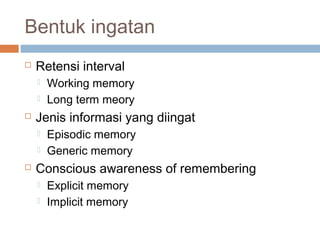 Bentuk ingatan


Retensi interval





Jenis informasi yang diingat





Working memory
Long term meory
Episodic memory
Generic memory

Conscious awareness of remembering



Explicit memory
Implicit memory

 