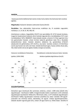 HAIZEA______________________________________________________

Haizea parametro bektorial bat izanik, bi datu hartu behar dira kontutan bere analisia
egiteko.

Magnitudea: haizearen abiadura adierazten duena (Km/h)

Norabidea: hau adierazteko haize-arrosa erabiltzen da, 8 norabide nagusiekin
markatua: I, E, H, M, IE, IM, HM, HE.

Azterketaren arabera, Hegoaldeko (%16’7) eta iparraldeko (% 12’3) haizeak kenduta,
laugarren koadrantean kokatzen diren haizeak nagusiak dira, mendebaldean %7’2, ipar
mendebaldean %9’6, NNW%9’9. Haize-bolada lasaiak, urtearen % 5’6an agertzen dira
eta gainontzeko haizeek, urtean birritan bakarrik gainditzen dute %5-a. Norabide
desberdinentan batez- besteko abiadura aldakorra da, gutxienekoa 6’5km/h
abiaduratik (E) gehienezkoa 23’5 km/hra, eta batez- besteko orokorra 15’1km/hkoa
izanik argi ikusten da nahiz eta haize- bolada bortitzak egon, haizea nahiko ahula dala,
3ko indarrarekin eta ez da egokia inolako energia aurrezteko.


Haizearen norabidearen frekuentzia      Norabidearen araberako haizearen batez- besteko

Igeldon, (1950-1996)                        abiadura Igeldoko begiralekuan (km/h)




EGUZKITZAPENA______________________________________________

Donostian egun lainotsuak dira sarrienak, ondorioz, urtean, 1.690 ordu oskarbi ditu
(eguzkitzapen teorikoaren %38ª). Erregistratutako balore maximoak 2.219 ordukoak
(eguzkitzapen teorikoaren %50a) dira. Minimoak ordea, 1.277 ordukoak (eguzkitzapen
teorikoaren %28a). Eguzkitzapen maximoa uztailekoa da, batez- besteko 199 eguzki-
ordurekin eta minimoa ostera, abendukoa, 81 eguzki- orduko eguzkitzapenarekin.
Oskarbi dauden egunak gutxi dira, urtean 34 egun baino ez, hileko batez- besteko bi

                                                                                         6
 