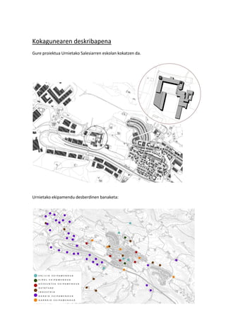 Kokagunearen deskribapena
Gure proiektua Urnietako Salesiarren eskolan kokatzen da.




Urnietako ekipamendu desberdinen banaketa:




                                                            3
 