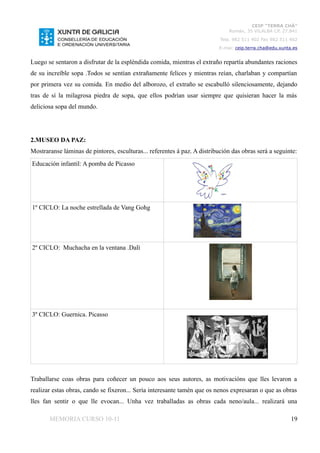 CEIP “TERRA CHÁ”
                                                                               Román, 35 VILALBA CP. 27.841
                                                                           Tela. 982 511 402 Fax 982 511 402
                                                                           E-mai: ceip.terra.cha@edu.xunta.es


Luego se sentaron a disfrutar de la espléndida comida, mientras el extraño repartía abundantes raciones
de su increíble sopa .Todos se sentían extrañamente felices y mientras reían, charlaban y compartían
por primera vez su comida. En medio del alborozo, el extraño se escabulló silenciosamente, dejando
tras de sí la milagrosa piedra de sopa, que ellos podrían usar siempre que quisieran hacer la más
deliciosa sopa del mundo.




2.MUSEO DA PAZ:
Mostraranse láminas de pintores, esculturas... referentes á paz. A distribución das obras será a seguinte:
Educación infantil: A pomba de Picasso




1º CICLO: La noche estrellada de Vang Gohg




2º CICLO: Muchacha en la ventana .Dalí




3º CICLO: Guernica. Picasso




Traballarse coas obras para coñecer un pouco aos seus autores, as motivacións que lles levaron a
realizar estas obras, cando se fixeron... Sería interesante tamén que os nenos expresaran o que as obras
lles fan sentir o que lle evocan... Unha vez traballadas as obras cada neno/aula... realizará una

       MEMORIA CURSO 10-11                                                                                19
 