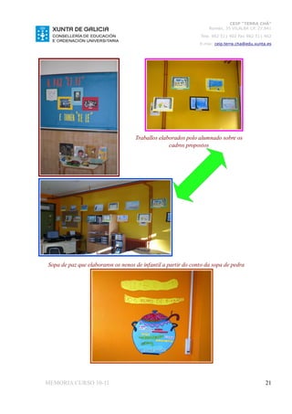 CEIP “TERRA CHÁ”
                                                                   Román, 35 VILALBA CP. 27.841
                                                               Tela. 982 511 402 Fax 982 511 402
                                                               E-mai: ceip.terra.cha@edu.xunta.es




                                    Traballos elaborados polo alumnado sobre os
                                                  cadros propostos




    Entrada da biblioteca




Sopa de paz que elaboraron os nenos de infantil a partir do conto da sopa de pedra




MEMORIA CURSO 10-11                                                                           21
 