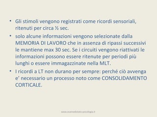 • Gli stimoli vengono registrati come ricordi sensoriali,
  ritenuti per circa ½ sec.
• solo alcune informazioni vengono selezionate dalla
  MEMORIA DI LAVORO che in assenza di ripassi successivi
  le mantiene max 30 sec. Se i circuiti vengono riattivati le
  informazioni possono essere ritenute per periodi più
  lunghi o essere immagazzinate nella MLT.
• I ricordi a LT non durano per sempre: perché ciò avvenga
  e’ necessario un processo noto come CONSOLIDAMENTO
  CORTICALE.



                      www.esamedistato-psicologia.it
 