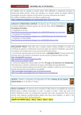 Curso 2012-2013 [MEMORIA DE ACTIVIDADES ]
33
O traballo será un soporte en power point. Nel reflectirán a traxectoria humana e
profesional destas persoas. Posto que estudaron os tempos verbais do pasado deberán
empregalos aunando o aspecto comunicativo cos temas transversais da materia.
Os mellores traballos poderán consultarse na páxina web:
http://iesdeames.blogspot.com.es/proxecto-lector-2012-2013.html
LINGUA E LITERATURA CASTELÁ: Os alumnos de 2º de Bac de Literatura
Universal traballaron distintos aspectos da obra de Mary Shelley Frankestein o
el moderno Prometeo.
- Frankestein en el cine
http://literaturauniversaliesames.blogspot.com.es/2012/03/frankestein-en-el-cine.html
- Los paisajes de Frankestein
http://literaturauniversaliesames.blogspot.com.es/2012/02/paisajes-de-frankenstein.html
- Lord Byron y Mary Shelley
http://literaturauniversaliesames.blogspot.com.es/2010/03/lord-byron.html
EDUCACIÓN FÍSICA- Está claro que a propia materia implica traballar co corpo en
multitude de aspectos. Simplemente mencionar algún dos aspectos traballados, que poden
consultarse mais amplamente na súa memoria do Proxecto Lector.
- Consulta das seguintes páxinas de Internet sobre a obesidade infantil. Entrega dunha ficha
resumen para o seu estudo e comentario na casa cos pais e posterior debate na clase:
http://obesidadinfaltil.consumer.es
http://guiainfantil.com/salud/obesidad/index/htlm
http://consumer.es/obesidad-infantil
- Lectura de fragmentos seleccionados do libro El juego y los alumnos con discapacidad,
Mercedes Roig, e deseño e realización de xogos e actividades para discapacitados
- Consulta das seguintes páxinas de Internet sobre a espalda e análise de como funciona e
estudio da prevención dos problemas da espalda.
http://www.espalda.org/divulgativa/como_es_funciona/comoes.asp
http://www.espalda.org/divulgativa/prevencion/higiene/ninyos/ninsentados.asp
MÚSICA- Lectura e comentario de fragmentos do libro Historia de los Castrati,
Patrick Barbier en 4º de ESO e 1º de Bac.
FÍSICA E QUÍMICA- Os alumnos de 4º de ESO E 1º BAC fixeron uns traballos de creación
literaria para a materia enmarcados no ciclo “A voltas co corpo”. Tiñan que crear uns
relatos fantásticos onde o/a protagonista principal tiña unha característica física pouco
común. Nos materias complementarios poden lerse dous deses traballos, un deles, o de
Javi, de un alumno de 4º de Diversificación
Ligazón cos relatos: Doc 1 Doc 2 Doc 3 Doc 4 Doc 5
 