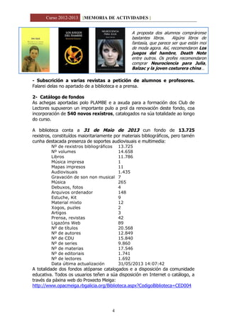 Curso 2012-2013 [MEMORIA DE ACTIVIDADES ]
4
A proposta dos alumnos compráronse
bastantes libros. Algúns libros de
fantasía, que parece ser que están moi
de moda agora. Así, recomendaron Los
juegos del hambre, Death Note
entre outros. Os profes recomendaron
comprar Neurociencia para Julia,
Balzac y la joven costurera china…
- Subscrición a varias revistas a petición de alumnos e profesores.
Falarei delas no apartado de a biblioteca e a prensa.
2- Catálogo de fondos
As achegas aportadas polo PLAMBE e a axuda para a formación dos Club de
Lectores supuxeron un importante pulo a prol da renovación deste fondo, coa
incorporación de 540 novos rexistros, catalogados na súa totalidade ao longo
do curso.
A biblioteca conta a 31 de Maio de 2013 cun fondo de 13.725
rexistros, constituídos maioritariamente por materiais bibliográficos, pero tamén
cunha destacada presenza de soportes audiovisuais e multimedia:
Nº de rexistros bibliográficos 13.725
Nº volumes 14.658
Libros 11.786
Música impresa 1
Mapas impresos 11
Audiovisuais 1.435
Gravación de son non musical 7
Música 265
Debuxos, fotos 4
Arquivos ordenador 148
Estuche, Kit 9
Material mixto 12
Xogos, puzles 2
Artigos 3
Prensa, revistas 42
Ligazóns Web 89
Nº de títulos 20.568
Nº de autores 12.849
Nº de CDU 15.840
Nº de series 9.860
Nº de materias 17.546
Nº de editoriais 1.741
Nº de lectores 1.692
Data última actualización 31/05/2013 14:07:42
A totalidade dos fondos atópanse catalogados e a disposición da comunidade
educativa. Todos os usuarios teñen a súa disposición en Internet o catálogo, a
través da páxina web do Proxecto Meiga:
http://www.opacmeiga.rbgalicia.org/Biblioteca.aspx?CodigoBiblioteca=CED004
 