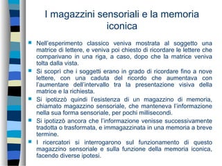 I magazzini sensoriali e la memoria
iconica
 Nell’esperimento classico veniva mostrata al soggetto una
matrice di lettere, e veniva poi chiesto di ricordare le lettere che
comparivano in una riga, a caso, dopo che la matrice veniva
tolta dalla vista.
 Si scoprì che i soggetti erano in grado di ricordare fino a nove
lettere, con una caduta del ricordo che aumentava con
l’aumentare dell’intervallo tra la presentazione visiva della
matrice e la richiesta.
 Si ipotizzò quindi l’esistenza di un magazzino di memoria,
chiamato magazzino sensoriale, che manteneva l’informazione
nella sua forma sensoriale, per pochi millisecondi.
 Si ipotizzò ancora che l’informazione venisse successivamente
tradotta o trasformata, e immagazzinata in una memoria a breve
termine.
 I ricercatori si interrogarono sul funzionamento di questo
magazzino sensoriale e sulla funzione della memoria iconica,
facendo diverse ipotesi.
 