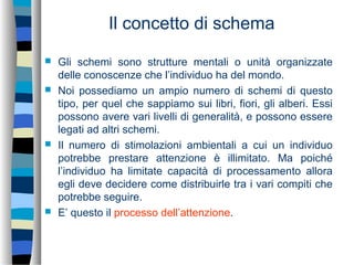 Il concetto di schema
 Gli schemi sono strutture mentali o unità organizzate
delle conoscenze che l’individuo ha del mondo.
 Noi possediamo un ampio numero di schemi di questo
tipo, per quel che sappiamo sui libri, fiori, gli alberi. Essi
possono avere vari livelli di generalità, e possono essere
legati ad altri schemi.
 Il numero di stimolazioni ambientali a cui un individuo
potrebbe prestare attenzione è illimitato. Ma poiché
l’individuo ha limitate capacità di processamento allora
egli deve decidere come distribuirle tra i vari compiti che
potrebbe seguire.
 E’ questo il processo dell’attenzione.
 