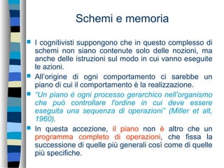 Schemi e memoria
 I cognitivisti suppongono che in questo complesso di
schemi non siano contenute solo delle nozioni, ma
anche delle istruzioni sul modo in cui vanno eseguite
le azioni.
 All’origine di ogni comportamento ci sarebbe un
piano di cui il comportamento è la realizzazione.
 “Un piano è ogni processo gerarchico nell’organismo
che può controllare l'ordine in cui deve essere
eseguita una sequenza di operazioni” (Miller et alt,
1960).
 In questa accezione, il piano non è altro che un
programma completo di operazioni, che fissa la
successione di quelle più generali così come di quelle
più specifiche.
 