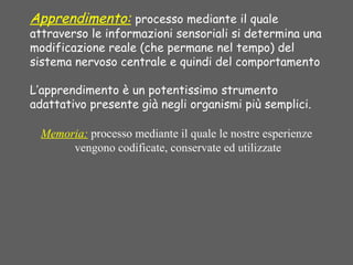Apprendimento: processo mediante il quale
attraverso le informazioni sensoriali si determina una
modificazione reale (che permane nel tempo) del
sistema nervoso centrale e quindi del comportamento
L’apprendimento è un potentissimo strumento
adattativo presente già negli organismi più semplici.
Memoria: processo mediante il quale le nostre esperienze
vengono codificate, conservate ed utilizzate
 