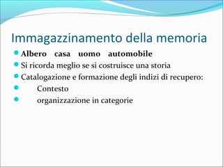 Immagazzinamento della memoria
Albero casa uomo automobile
Si ricorda meglio se si costruisce una storia
Catalogazione e formazione degli indizi di recupero:
 Contesto
 organizzazione in categorie
 