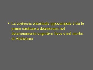 • La corteccia entorinale ippocampale è tra le
prime strutture a deteriorarsi nel
deterioramento cognitivo lieve e nel morbo
di Alzheimer
 