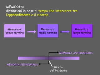 MEMORIA:
distinzioni in base al tempo che intercorre tra
l’apprendimento e il ricordo
Memoria a
breve termine
Memoria a
medio termine
Memoria a
lungo termine
Giorno
dell’incidente
MEMORIA ANTEROGRADAMEMORIA ANTEROGRADA
MEMORIA RETROGRADAMEMORIA RETROGRADA
 