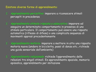 Esistono diverse forme di apprendimento:
1. Apprendimento percettivo: imparare a riconoscere stimoli
percepiti in precedenza
1. Apprendimento stimolo-risposta o associativo: imparare ad
eseguire un determinato comportamento in presenza di uno
stimolo particolare. Il comportamento può essere una risposta
automatica (riflesso di difesa) o una complicata sequenza di
movimenti appresi precedentemente
1. Apprendimento motorio: imparare a mettere in atto una risposta
motoria nuova (andare in bicicletta, passi di danza etc…richiede
una guida sensoriale dell’ambiente)
1. Apprendimento relazionale: richiede l’apprendimento delle
relazioni tra singoli stimoli. Es apprendimento spaziale, memoria
episodica, apprendimento per imitazione
 