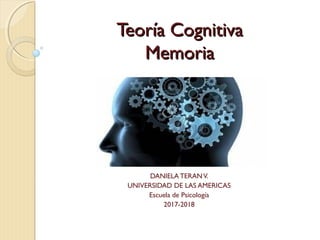 Teoría CognitivaTeoría Cognitiva
MemoriaMemoria
DANIELA TERANV.
UNIVERSIDAD DE LAS AMERICAS
Escuela de Psicología
2017-2018
 
