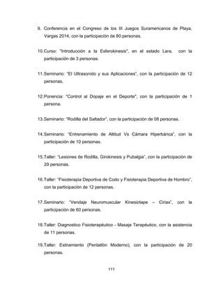 111
9. Conferencia en el Congreso de los III Juegos Suramericanos de Playa,
Vargas 2014, con la participación de 80 personas.
10.Curso: "Introducción a la Esferokinesis", en el estado Lara, con la
participación de 3 personas.
11.Seminario: “El Ultrasonido y sus Aplicaciones”, con la participación de 12
personas.
12.Ponencia: "Control al Dopaje en el Deporte", con la participación de 1
persona.
13.Seminario: “Rodilla del Saltador”, con la participación de 08 personas.
14.Seminario: “Entrenamiento de Altitud Vs Cámara Hiperbárica”, con la
participación de 10 personas.
15.Taller: “Lesiones de Rodilla, Girokinesis y Pubalgia”, con la participación de
29 personas.
16.Taller: “Fisioterapia Deportiva de Codo y Fisioterapia Deportiva de Hombro”,
con la participación de 12 personas.
17.Seminario: “Vendaje Neuromuscular Kinesiotape – Ciriax”, con la
participación de 60 personas.
18.Taller: Diagnostico Fisioterapéutico - Masaje Terapéutico, con la asistencia
de 11 personas.
19.Taller: Estiramiento (Pentatlón Moderno), con la participación de 20
personas.
 