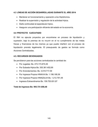 145
4.3 LÍNEAS DE ACCIÓN DESARROLLADAS DURANTE EL AÑO 2014
• Mantener en funcionamiento y operación a los Hipódromos.
• Realizar la supervisión y regulación de la actividad hípica.
• Darle continuidad al espectáculo hípico.
• Asegurar una participación eficiente del estado en la economía.
4.4 PROYECTO EJECUTADO
El INH no ejecuta proyectos por encontrarse en proceso de liquidación y
supresión, bajo la premisa de no incurrir en el no cumplimiento de las metas
físicas y financieras de los mismos ya que puede interferir con el proceso de
liquidación previsto legalmente. El presupuesto de gastos se formula como
Acciones Centralizadas.
4.5. RECURSOS DEVENGADOS
Se percibieron para las acciones centralizadas la cantidad de:
• Por Jugadas: Bs. 473.173.874,49
• Por Subasta Hípica Bs: 355.361.402,69
• Por Arrendamientos: Bs. 3.019.717,59
• Por Ingresos Propios HINAVA Bs: 1.198.168,36
• Por Ingresos Propios HINAZULIA Bs. 1.212.761,48
• Ingresos Extraordinarios Bs: 159.755.931,87
Total de Ingresos Bs: 993.721.856,48
 