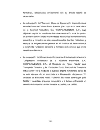 168
formativas, relacionadas directamente con su ámbito laboral de
desempeño.
• La subscripción del “Convenio Marco de Cooperación Interinstitucional
entre la Fundación “Misión Barrio Adentro” y la Corporación Venezolana
de la Juventud Productora, S.A. “CORPOJUVENTUD, S.A.”, cuyo
objeto es regular las relaciones de mutua cooperación entre las partes,
en el marco del desarrollo de actividades de servicios de mantenimiento
preventivo y correctivo de aires acondicionados, bombas hidráulicas y
equipos de refrigeración en general, en los Centros de Salud adscritos
a la referida Fundación, así como la formación del personal que presta
servicios en la misma.
• La suscripción del Convenio de Cooperación Interinstitucional entre la
“Corporación Venezolana de la Juventud Productora, S.A.,
CORPOJUVENTUD, S.A., el Ministerio del Poder Popular para
Transporte Terrestre y la Fundación Fondo Nacional de Transporte
Urbano (FONTUR), mediante el cual ese órgano ministerial a través de
su ente ejecutor, dio en comodato a la Corporación, diecinueve (19)
unidades de transporte marca YUTONG, las cuales contribuyen para
facilitar y garantizar al pueblo venezolano y a turistas extranjeros un
servicio de transporte turístico terrestre accesible y de calidad.
 