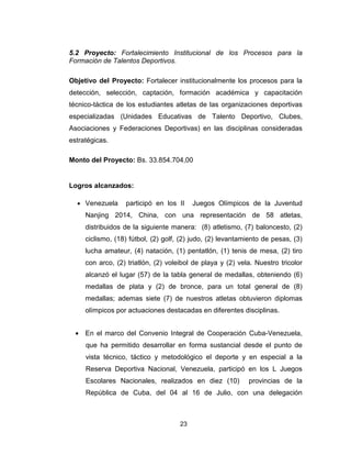 23
5.2 Proyecto: Fortalecimiento Institucional de los Procesos para la
Formación de Talentos Deportivos.
Objetivo del Proyecto: Fortalecer institucionalmente los procesos para la
detección, selección, captación, formación académica y capacitación
técnico-táctica de los estudiantes atletas de las organizaciones deportivas
especializadas (Unidades Educativas de Talento Deportivo, Clubes,
Asociaciones y Federaciones Deportivas) en las disciplinas consideradas
estratégicas.
Monto del Proyecto: Bs. 33.854.704,00
Logros alcanzados:
• Venezuela participó en los II Juegos Olímpicos de la Juventud
Nanjing 2014, China, con una representación de 58 atletas,
distribuidos de la siguiente manera: (8) atletismo, (7) baloncesto, (2)
ciclismo, (18) fútbol, (2) golf, (2) judo, (2) levantamiento de pesas, (3)
lucha amateur, (4) natación, (1) pentatlón, (1) tenis de mesa, (2) tiro
con arco, (2) triatlón, (2) voleibol de playa y (2) vela. Nuestro tricolor
alcanzó el lugar (57) de la tabla general de medallas, obteniendo (6)
medallas de plata y (2) de bronce, para un total general de (8)
medallas; ademas siete (7) de nuestros atletas obtuvieron diplomas
olímpicos por actuaciones destacadas en diferentes disciplinas.
• En el marco del Convenio Integral de Cooperación Cuba-Venezuela,
que ha permitido desarrollar en forma sustancial desde el punto de
vista técnico, táctico y metodológico el deporte y en especial a la
Reserva Deportiva Nacional, Venezuela, participó en los L Juegos
Escolares Nacionales, realizados en diez (10) provincias de la
República de Cuba, del 04 al 16 de Julio, con una delegación
 