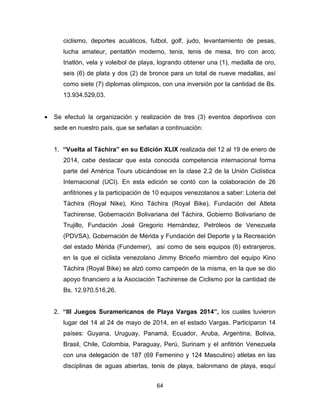 64
ciclismo, deportes acuáticos, futbol, golf, judo, levantamiento de pesas,
lucha amateur, pentatlón moderno, tenis, tenis de mesa, tiro con arco,
triatlón, vela y voleibol de playa, logrando obtener una (1), medalla de oro,
seis (6) de plata y dos (2) de bronce para un total de nueve medallas, así
como siete (7) diplomas olímpicos, con una inversión por la cantidad de Bs.
13.934.529,03.
• Se efectuó la organización y realización de tres (3) eventos deportivos con
sede en nuestro país, que se señalan a continuación:
1. “Vuelta al Táchira” en su Edición XLIX realizada del 12 al 19 de enero de
2014, cabe destacar que esta conocida competencia internacional forma
parte del América Tours ubicándose en la clase 2.2 de la Unión Ciclística
Internacional (UCI). En esta edición se contó con la colaboración de 26
anfitriones y la participación de 10 equipos venezolanos a saber: Lotería del
Táchira (Royal Nike), Kino Táchira (Royal Bike), Fundación del Atleta
Tachirense, Gobernación Bolivariana del Táchira, Gobierno Bolivariano de
Trujillo, Fundación José Gregorio Hernández, Petróleos de Venezuela
(PDVSA), Gobernación de Mérida y Fundación del Deporte y la Recreación
del estado Mérida (Fundemer), así como de seis equipos (6) extranjeros,
en la que el ciclista venezolano Jimmy Briceño miembro del equipo Kino
Táchira (Royal Bike) se alzó como campeón de la misma, en la que se dio
apoyo financiero a la Asociación Tachirense de Ciclismo por la cantidad de
Bs. 12.970.516,26.
2. “III Juegos Suramericanos de Playa Vargas 2014”, los cuales tuvieron
lugar del 14 al 24 de mayo de 2014, en el estado Vargas. Participaron 14
países: Guyana, Uruguay, Panamá, Ecuador, Aruba, Argentina, Bolivia,
Brasil, Chile, Colombia, Paraguay, Perú, Surinam y el anfitrión Venezuela
con una delegación de 187 (69 Femenino y 124 Masculino) atletas en las
disciplinas de aguas abiertas, tenis de playa, balonmano de playa, esquí
 