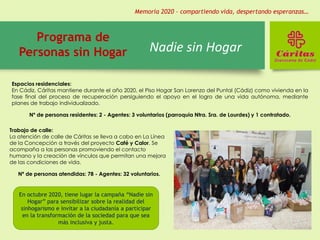 Nadie sin Hogar
Programa de
Personas sin Hogar
Espacios residenciales:
En Cádiz, Cáritas mantiene durante el año 2020, el Piso Hogar San Lorenzo del Puntal (Cádiz) como vivienda en la
fase final del proceso de recuperación persiguiendo el apoyo en el logro de una vida autónoma, mediante
planes de trabajo individualizado.
Nº de personas residentes: 2 - Agentes: 3 voluntarios (parroquia Ntra. Sra. de Lourdes) y 1 contratado.
Trabajo de calle:
La atención de calle de Cáritas se lleva a cabo en La Línea
de la Concepción a través del proyecto Café y Calor. Se
acompaña a las personas promoviendo el contacto
humano y la creación de vínculos que permitan una mejora
de las condiciones de vida.
Nª de personas atendidas: 78 - Agentes: 32 voluntarios.
En octubre 2020, tiene lugar la campaña “Nadie sin
Hogar” para sensibilizar sobre la realidad del
sinhogarismo e invitar a la ciudadanía a participar
en la transformación de la sociedad para que sea
más inclusiva y justa.
Memoria 2020 – compartiendo vida, despertando esperanzas…
 