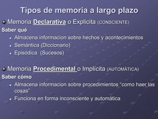 Tipos de memoria a largo plazo
Memoria Declarativa o Explicita (CONSCIENTE)
Saber qué
 Almacena informacion sobre hechos y acontecimientos
 Semántica (Diccionario)
 Episódica (Sucesos)
Memoria Procedimental o Implícita (AUTOMÁTICA)
Saber cómo
 Almacena informacion sobre procedimientos “como haer las
cosas”
 Funciona en forma inconsciente y automática
 