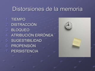 Distorsiones de la memoria
1. TIEMPO
2. DISTRACCIÓN
3. BLOQUEO
4. ATRIBUCIÓN ERRÓNEA
5. SUGESTIBILIDAD
6. PROPENSIÓN
7. PERSISTENCIA
 