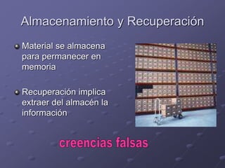 Almacenamiento y Recuperación
Material se almacena
para permanecer en
memoria
Recuperación implica
extraer del almacén la
información
 