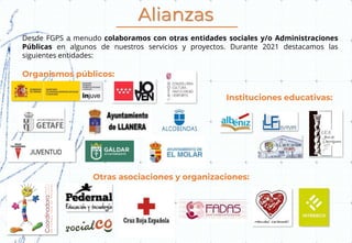 Alianzas
Desde FGPS a menudo colaboramos con otras entidades sociales y/o Administraciones
Públicas en algunos de nuestros servicios y proyectos. Durante 2021 destacamos las
siguientes entidades:
Instituciones educativas:
Organismos públicos:
Otras asociaciones y organizaciones:
 