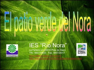 IES “Río Nora”
La Ferlera s/n 33510 Pola de Siero
Tlfo. 985720833 Fax. 985724017
rionora@educastur.princast.es
http://web.educastur.princast.es/ies/rionora/joomla/
 