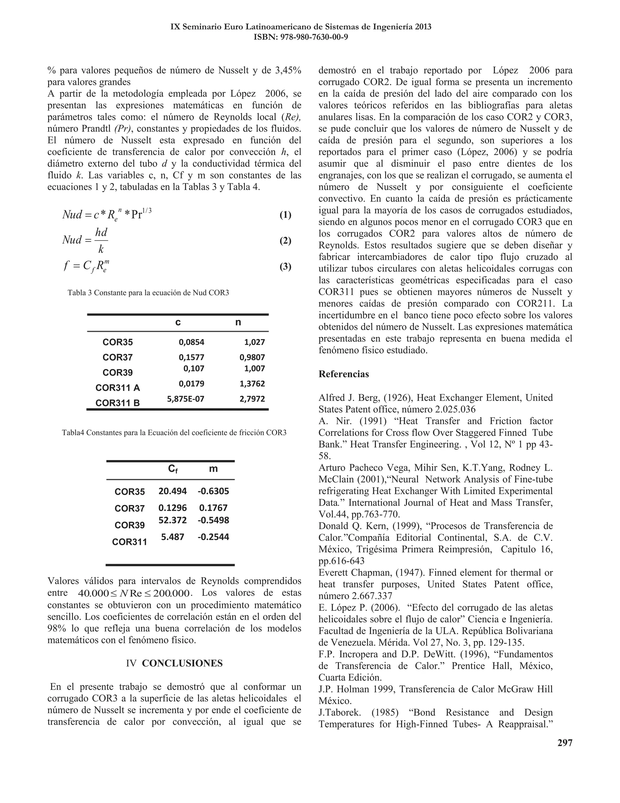 IX Seminario Euro Latinoamericano de Sistemas de Ingeniería 2013
ISBN: 978-980-7630-00-9
c n
COR35 0,0854 1,027
COR37 0,1577 0,9807
COR39 0,107 1,007
COR311 A 0,0179 1,3762
COR311 B 5,875E-07 2,7972
Cf m
COR35 20.494 -0.6305
COR37 0.1296 0.1767
COR39
52.372 -0.5498
COR311
5.487 -0.2544
 