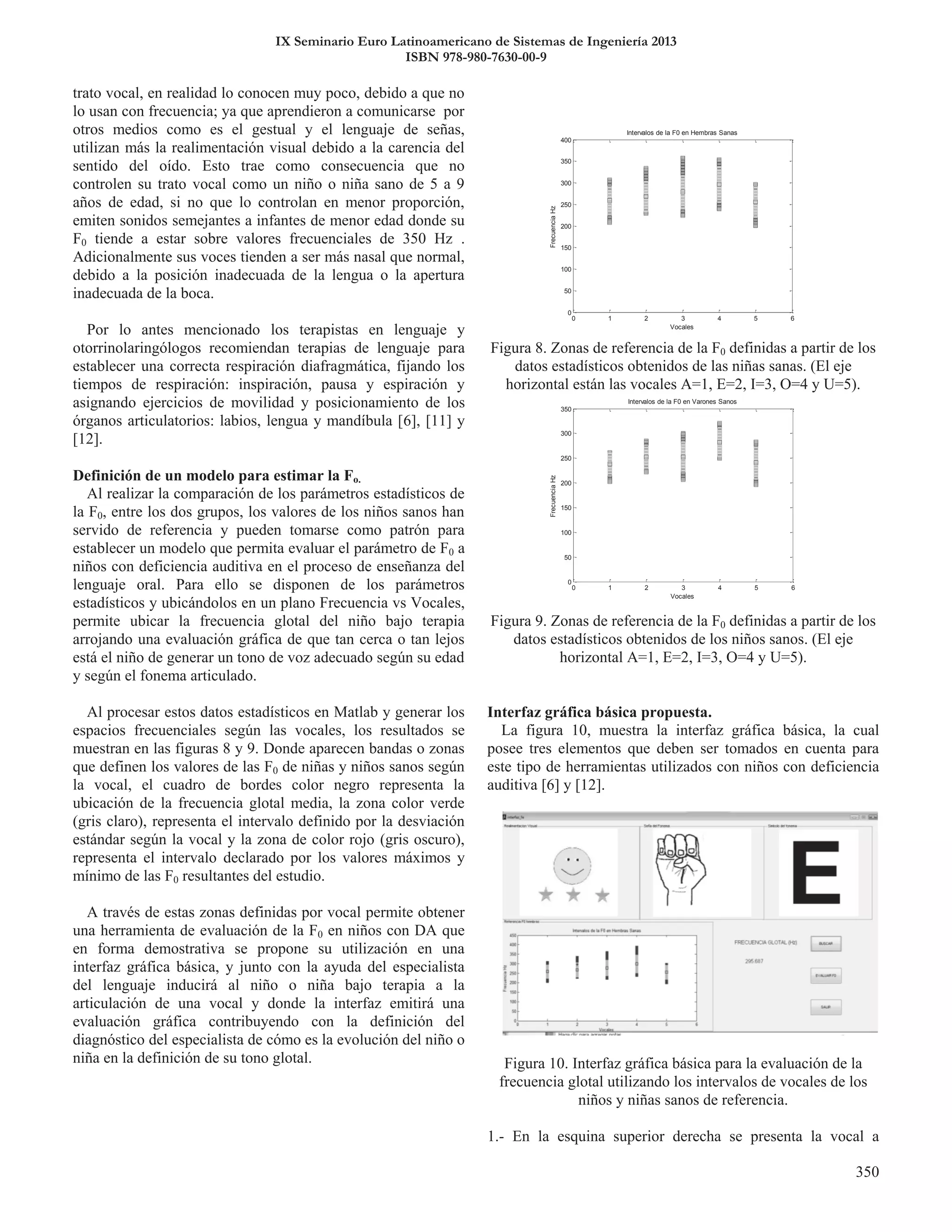 IX Seminario Euro Latinoamericano de Sistemas de Ingeniería 2013
ISBN 978-980-7630-00-9
0 1 2 3 4 5 6
0
50
100
150
200
250
300
350
400
Vocales
FrecuenciaHz
Intervalos de la F0 en Hembras Sanas
0 1 2 3 4 5 6
0
50
100
150
200
250
300
350
Vocales
FrecuenciaHz
Intervalos de la F0 en Varones Sanos
 