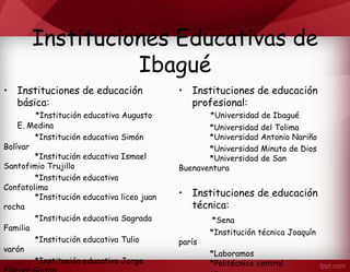 Instituciones Educativas de
Ibagué
• Instituciones de educación
básica:
*Institución educativa Augusto
E. Medina
*Institución educativa Simón
Bolívar
*Institución educativa Ismael
Santofimio Trujillo
*Institución educativa
Confatolima
*Institución educativa liceo juan
rocha
*Institución educativa Sagrada
Familia
*Institución educativa Tulio
varón
*Institución educativa Jorge
• Instituciones de educación
profesional:
*Universidad de Ibagué
*Universidad del Tolima
*Universidad Antonio Nariño
*Universidad Minuto de Dios
*Universidad de San
Buenaventura
• Instituciones de educación
técnica:
*Sena
*Institución técnica Joaquín
parís
*Laboramos
*Politécnico central
 