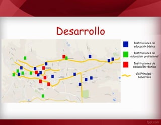 Desarrollo
Instituciones de
educación básica
Instituciones de
educación profesional
Instituciones de
educación técnica
Vía Principal -
Conectora
 