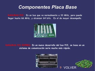 Componentes Placa Base
RANURAS PCI: Es un bus que va normalmente a 33 MHz, pero puede
llegar hasta 66 MHz, y alcanzar 64 bits. Es el de mayor desempeño.
RANURAS PCI EXPRES: Es un nuevo desarrollo del bus PCI, se basa en un
sistema de comunicación serie mucho más rápido.
➲ VOLVER
 