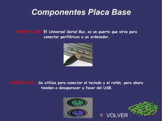 Componentes Placa Base
PUERTO USB: El Universal Serial Bus, es un puerto que sirve para
conectar periféricos a un ordenador.
PUERTO PS2: Se utiliiza para conectar el teclado y el ratón, pero ahora
tienden a desaparacer a favor del USB.
➲ VOLVER
 