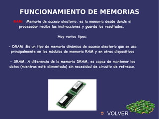 FUNCIONAMIENTO DE MEMORIAS
RAM: Memoria de acceso aleatorio, es la memoria desde donde el
procesador recibe las instrucciones y guarda los resultados.
Hay varios tipos:
- DRAM :Es un tipo de memoria dinámica de acceso aleatorio que se usa
principalmente en los módulos de memoria RAM y en otros dispositivos
- SRAM: A diferencia de la memoria DRAM, es capaz de mantener los
datos (mientras esté alimentada) sin necesidad de circuito de refresco.
➲ VOLVER
 