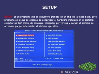SETUP
SETUP: Es un programa que se encuentra grabado en un chip de la placa base. Este
programa es el que se encarga de comprobar el hardware instalado en el sistema,
ejecutar un test inicial de arranque, manipular periféricos y cargar el sistema de
arranque que permite iniciar el sistema operativo.
➲ VOLVER
 