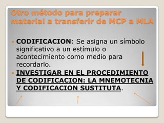 Otro método para preparar
material a transferir de MCP a MLA

 CODIFICACION: Se asigna un símbolo
  significativo a un estímulo o
  acontecimiento como medio para
  recordarlo.
 INVESTIGAR EN EL PROCEDIMIENTO
  DE CODIFICACION: LA MNEMOTECNIA
  Y CODIFICACION SUSTITUTA.
 