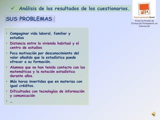  Análisis de los resultados de los cuestionarios.

SUS PROBLEMAS                                             Vicerrectorado de
                                                       Formación Permanente en
                                                              Innovación


• Compaginar vida laboral, familiar y
  estudios
• Distancia entre la vivienda habitual y el
  centro de estudios
• Poca motivación por desconocimiento del
  valor añadido que la estadística puede
  ofrecer a su formación.
• Alumnos que no han tenido contacto con las
  matemáticas y la notación estadística
  durante años.
• Más horas invertidas que en materias con
  igual créditos.
• Dificultades con tecnologías de información
  y comunicación
• …
 