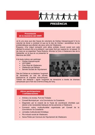 PRESÈNCIA


         Presentació
   de la memòria del 2009

Ja fa uns anys que des l’equip de voluntaris de Càritas Interparroquial hi ha la
voluntat de donar a conèixer el que es fa des de Càritas i sensibilitzar de les
problemàtiques que afecten als seus veïns de Viladecans.
Enguany, s’ha volgut compartir amb altres entitats d’acció social com està
afectant la actual crisi a la població i què estan fent per superar-la i el passat 18
de març es va organitzar Taula Rodona: Afrontar la Crisi a Viladecans des de la
Solidaritat, en la que es va presentar la
Memòria del 2009.

A la taula rodona van participar:
    • Càritas Interparroquial
    • UGT/AMIC
    • Creu Roja de Viladecans
    • Viladecans pel Sàhara
    • Serveis Socials de l’Ajuntament

Des de Càritas es va destacar l’augment
de demandes en tots els serveis,
triplicant-se el d’ajudes econòmiques.
També van destacar i agrair l’augment de donacions a través de diverses
campanyes que s’han dut a terme al llarg de l’any.




        Altres participacions
          i col—laboracions

    •    Articles a la revista, Punt de Trobada
    •    Consell Municipal per a la Convivència i la Ciutadania
    •    Diagnòstic per la creació de la Taula de coordinació d'entitats que
         atenen a les necessitats bàsiques de les persones a Viladecans
    •    Formació sobre multiculturalitat organitzada pel Consell de la
         Convivència i la Ciutadania
    •    Jornades multiculturals Entrellaça
    •    Pla inclusió social de Viladecans
    •    Xarxa Parlar per Conviure de l’Ajuntament de Viladecans
 