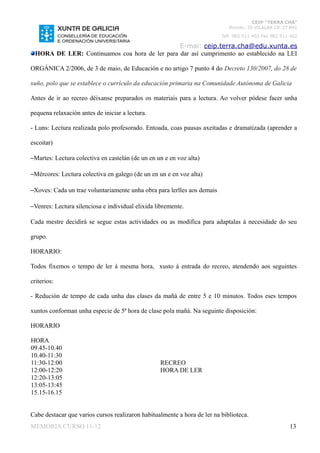 CEIP “TERRA CHÁ”
                                                                             Román, 35 VILALBA CP. 27.841
                                                                          Telf. 982 511 402 Fax 982 511 402

                                               E-mai: ceip.terra.cha@edu.xunta.es
 HORA DE LER: Continuamos coa hora de ler para dar así cumprimento ao establecido na LEI

ORGÁNICA 2/2006, de 3 de maio, de Educación e no artigo 7 punto 4 do Decreto 130/2007, do 28 de

xuño, polo que se establece o currículo da educación primaria na Comunidade Autónoma de Galicia

Antes de ir ao recreo déixanse preparados os materiais para a lectura. Ao volver pódese facer unha

pequena relaxación antes de iniciar a lectura.

- Luns: Lectura realizada polo profesorado. Entoada, coas pausas axeitadas e dramatizada (aprender a

escoitar)

–Martes: Lectura colectiva en castelán (de un en un e en voz alta)

–Mércores: Lectura colectiva en galego (de un en un e en voz alta)

–Xoves: Cada un trae voluntariamente unha obra para lerlles aos demais

–Venres: Lectura silenciosa e individual elixida libremente.

Cada mestre decidirá se segue estas actividades ou as modifica para adaptalas á necesidade do seu

grupo.

HORARIO:

Todos fixemos o tempo de ler á mesma hora, xusto á entrada do recreo, atendendo aos seguintes

criterios:

- Redución de tempo de cada unha das clases da mañá de entre 5 e 10 minutos. Todos eses tempos

xuntos conforman unha especie de 5ª hora de clase pola mañá. Na seguinte disposición:

HORARIO

HORA
09.45-10.40
10.40-11:30
11:30-12:00                                       RECREO
12:00-12:20                                       HORA DE LER
12:20-13:05
13:05-13:45
15.15-16.15


Cabe destacar que varios cursos realizaron habitualmente a hora de ler na biblioteca.
MEMORIA CURSO 11-12                                                                                    13
 