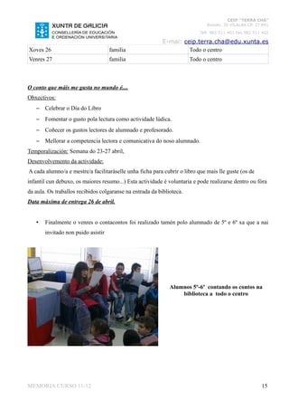 CEIP “TERRA CHÁ”
                                                                              Román, 35 VILALBA CP. 27.841
                                                                           Telf. 982 511 402 Fax 982 511 402

                                                           E-mai: ceip.terra.cha@edu.xunta.es
Xoves 26                            familia                         Todo o centro
Venres 27                           familia                            Todo o centro



O conto que máis me gusta no mundo é....
Obxectivos:
   –   Celebrar o Día do Libro
   –   Fomentar o gusto pola lectura como actividade lúdica.
   –   Coñecer os gustos lectores de alumnado e profesorado.
   –   Mellorar a competencia lectora e comunicativa do noso alumnado.
Temporalización: Semana do 23-27 abril,
Desenvolvemento da actividade:
A cada alumno/a e mestre/a facilitaráselle unha ficha para cubrir o libro que mais lle guste (os de
infantil cun debuxo, os maiores resumo...) Esta actividade é voluntaria e pode realizarse dentro ou fóra
da aula. Os traballos recibidos colgaranse na entrada da biblioteca.
Data máxima de entrega 26 de abril.


   •   Finalmente o venres o contacontos foi realizado tamén polo alumnado de 5º e 6º xa que a nai
       invitado non puido asistir




                                                              Alumnos 5º-6º contando os contos na
                                                                  biblioteca a todo o centro




MEMORIA CURSO 11-12                                                                                     15
 